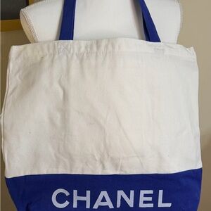 CHANEL White and Blue Canvas Tote Bag